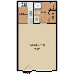 Floor plan for studio, 1 bath, 300 sqft